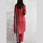 fine red striped silk linen two pieces plus size tops women long sleeve Turn-down Collar silk linen tops vintage baggy pants