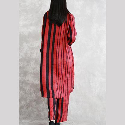 fine red striped silk linen two pieces plus size tops women long sleeve Turn-down Collar silk linen tops vintage baggy pants