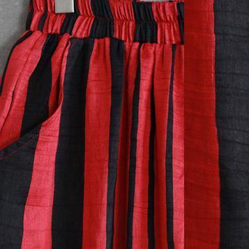 fine red striped silk linen two pieces plus size tops women long sleeve Turn-down Collar silk linen tops vintage baggy pants