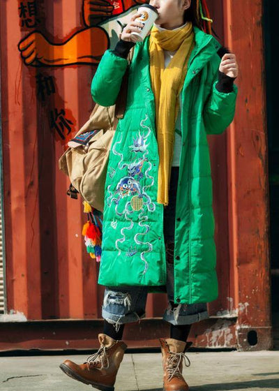 fine trendy plus size snow jackets embroidery overcoat green hooded duck down coat - SooLinen