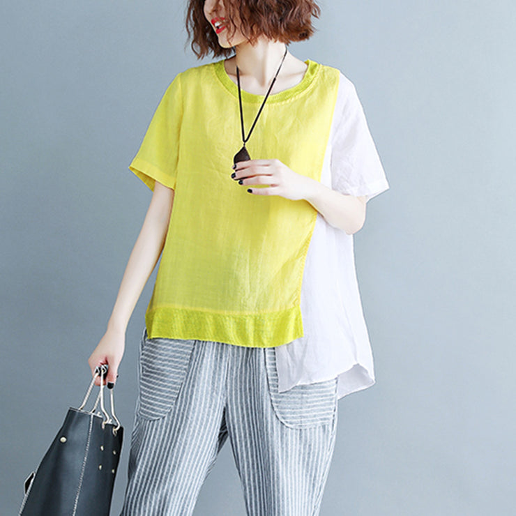 fine yellow cotton linen tops plus size linen clothing tops 2018 o neck patchwork short sleeve brief t shirt