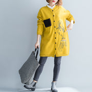 fine yellow cotton tops trendy plus size cotton o neck print Button Down t shirt