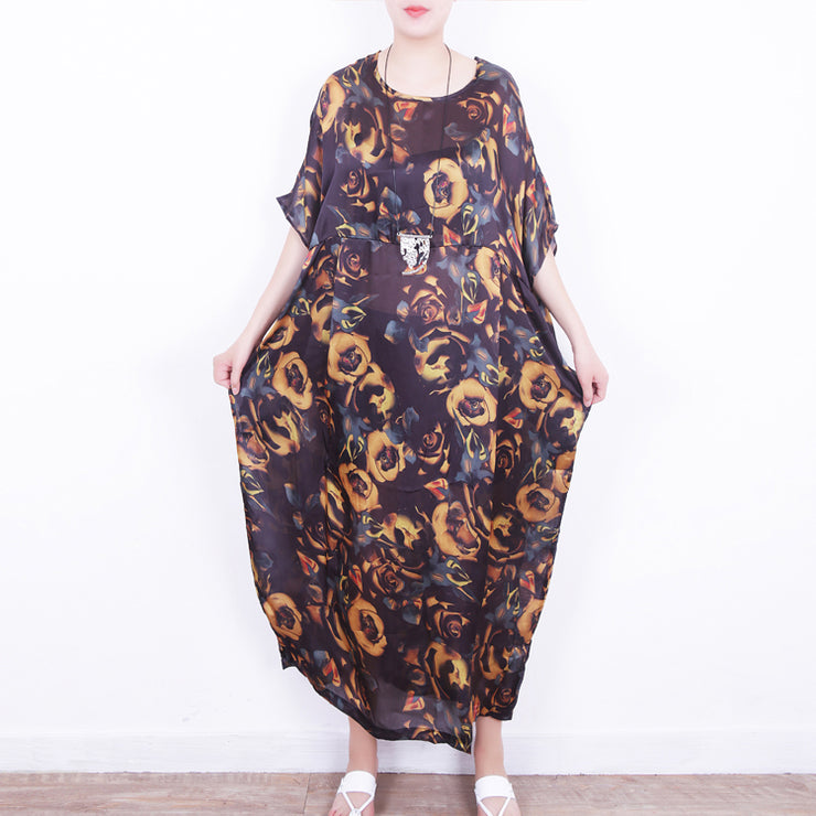 feines gelbes Seidenkleid mit Blumenmuster in Übergröße Chiffon-Kleidung Patchwork-Reisekleid Feine Kaftane mit O-Ausschnitt