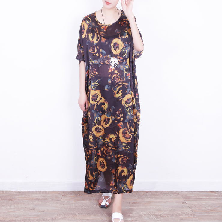 feines gelbes Seidenkleid mit Blumenmuster in Übergröße Chiffon-Kleidung Patchwork-Reisekleid Feine Kaftane mit O-Ausschnitt
