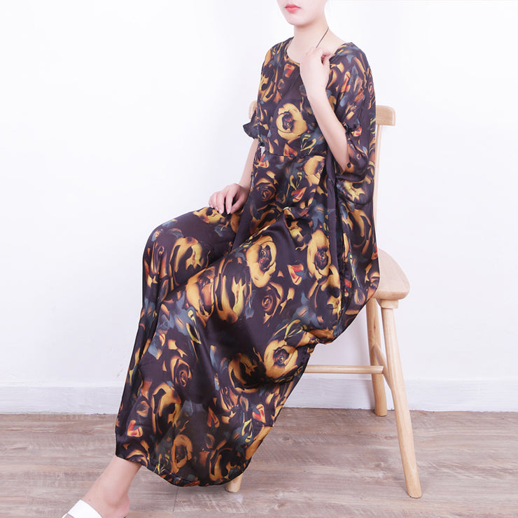 feines gelbes Seidenkleid mit Blumenmuster in Übergröße Chiffon-Kleidung Patchwork-Reisekleid Feine Kaftane mit O-Ausschnitt