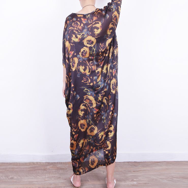 feines gelbes Seidenkleid mit Blumenmuster in Übergröße Chiffon-Kleidung Patchwork-Reisekleid Feine Kaftane mit O-Ausschnitt