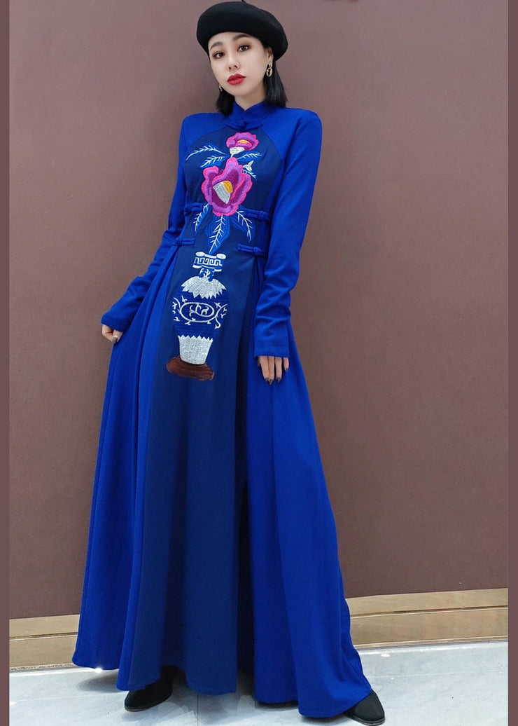 vintage Blue Stand Collar Embroideried long Dresses Spring