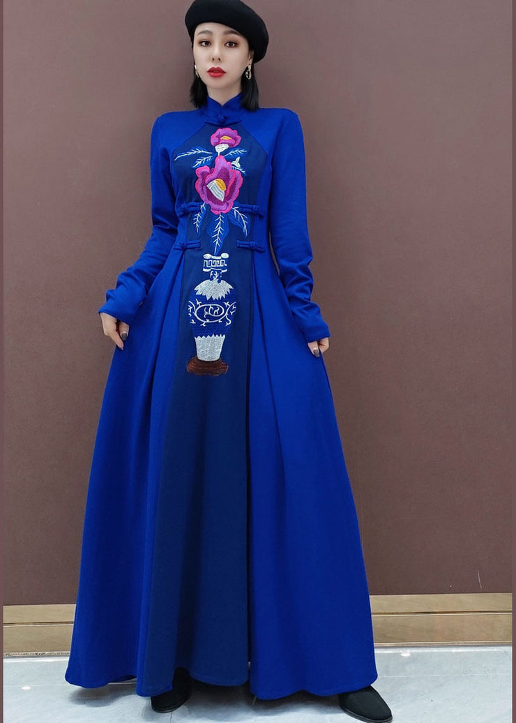vintage Blue Stand Collar Embroideried long Dresses Spring