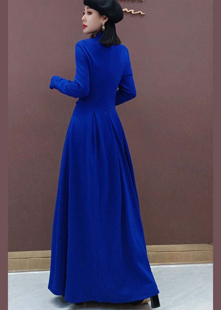 vintage Blue Stand Collar Embroideried long Dresses Spring