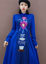 vintage Blue Stand Collar Embroideried long Dresses Spring