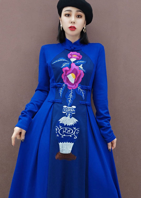 vintage Blue Stand Collar Embroideried long Dresses Spring