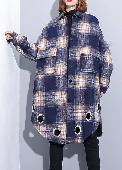 vintage Loose fitting Winter coat blue purple plaid lapel pockets wool overcoat - SooLinen
