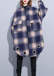 vintage Loose fitting Winter coat blue purple plaid lapel pockets wool overcoat - SooLinen