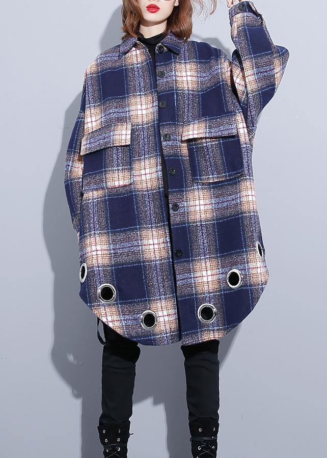 vintage Loose fitting Winter coat blue purple plaid lapel pockets wool overcoat - SooLinen