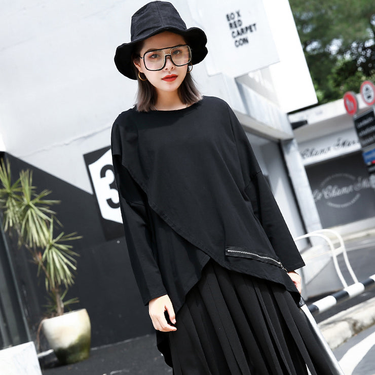 vintage black cotton blended pullover plus size O neck asymmetric shirts 2018 long sleeve zippered brief t shirt
