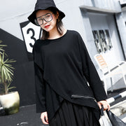 vintage black cotton blended pullover plus size O neck asymmetric shirts 2018 long sleeve zippered brief t shirt