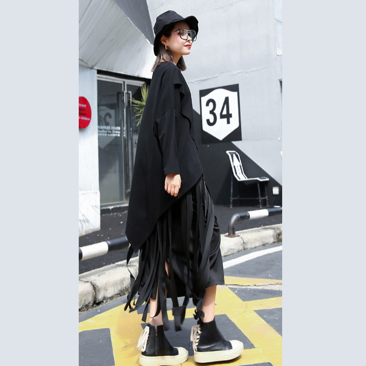 vintage black cotton blended pullover plus size O neck asymmetric shirts 2018 long sleeve zippered brief t shirt