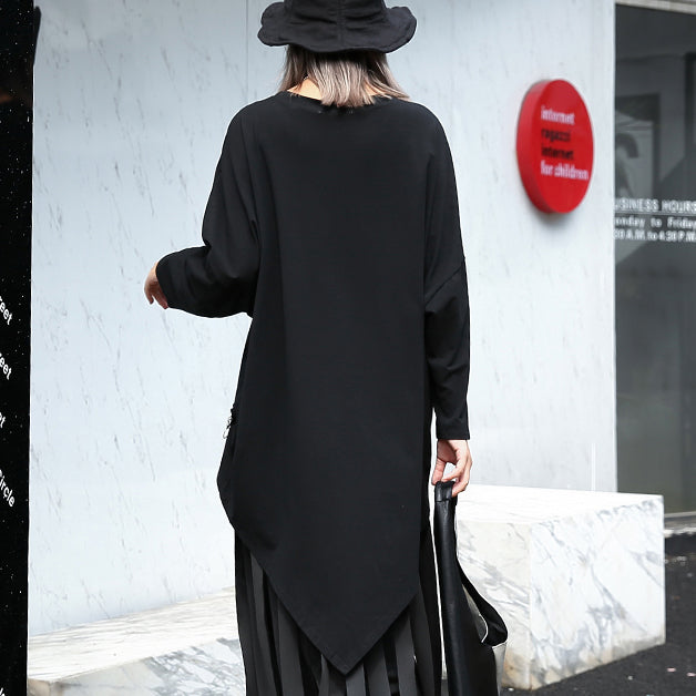 vintage black cotton blended pullover plus size O neck asymmetric shirts 2018 long sleeve zippered brief t shirt