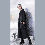 vintage black natural silk cotton blended dress trendy plus size O neck baggy dresses gown casual pockets tassel dresses