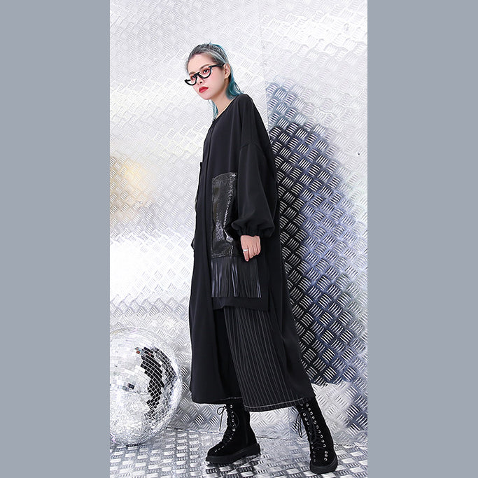 vintage black natural silk cotton blended dress trendy plus size O neck baggy dresses gown casual pockets tassel dresses