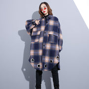 vintage blue Plaid Coats plus size Turn-down Collar Winter coat boutique pockets coat