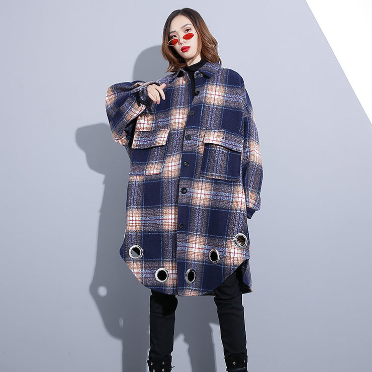 vintage blue Plaid Coats plus size Turn-down Collar Winter coat boutique pockets coat