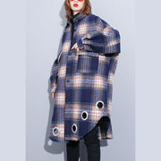 vintage blue Plaid Coats plus size Turn-down Collar Winter coat boutique pockets coat