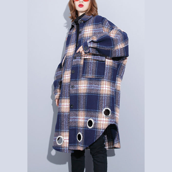 vintage blue Plaid Coats plus size Turn-down Collar Winter coat boutique pockets coat