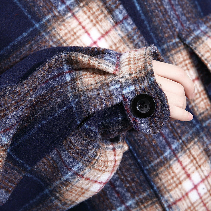 vintage blue Plaid Coats plus size Turn-down Collar Winter coat boutique pockets coat