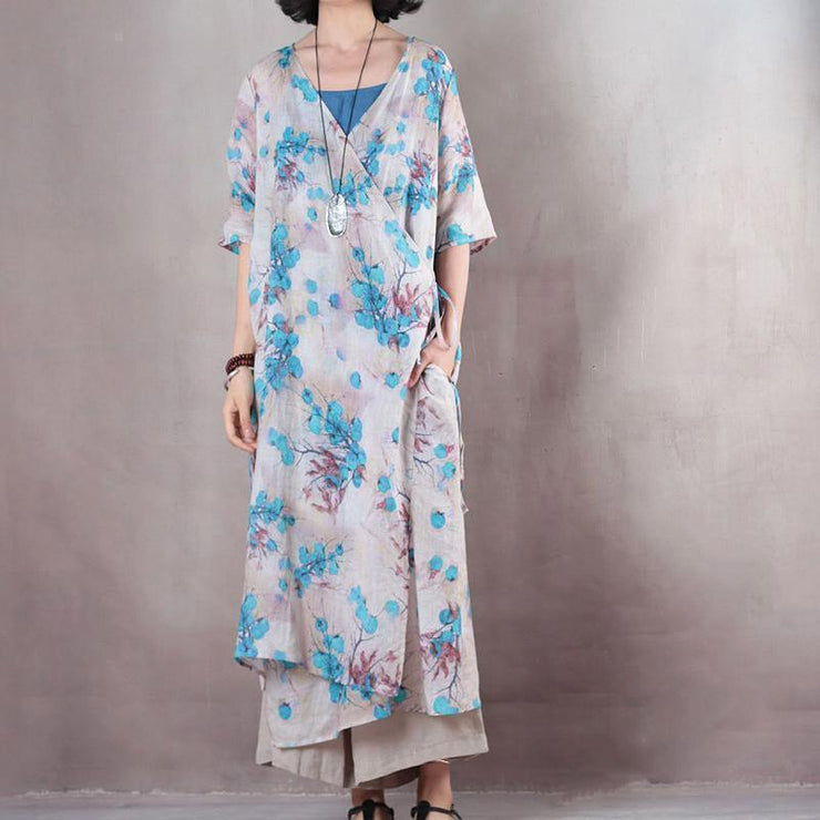vintage blue floral long linen dresses plus size v neck linen gown vintage half sleeve tie waist kaftans