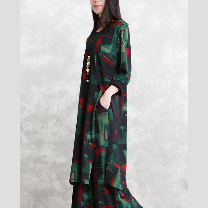 vintage floral cotton blended two pieces caftans Loose fitting o neck pockets gown 2018 long sleeve side open tops elastic waist trouse