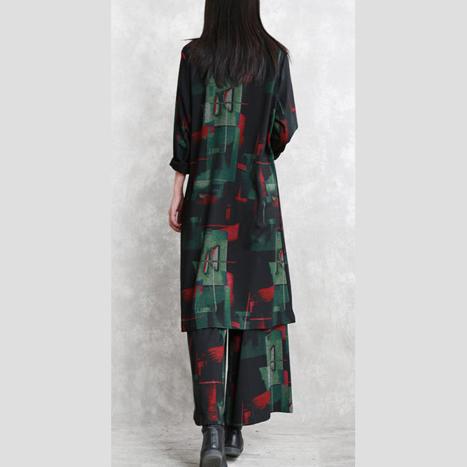 vintage floral cotton blended two pieces caftans Loose fitting o neck pockets gown 2018 long sleeve side open tops elastic waist trouse