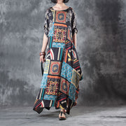 vintage floral silk dress casual o neck asymmetric silk dress women short sleeve baggy dresses