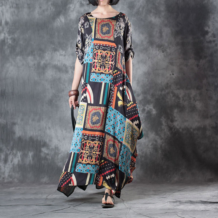 vintage floral silk dress casual o neck asymmetric silk dress women short sleeve baggy dresses