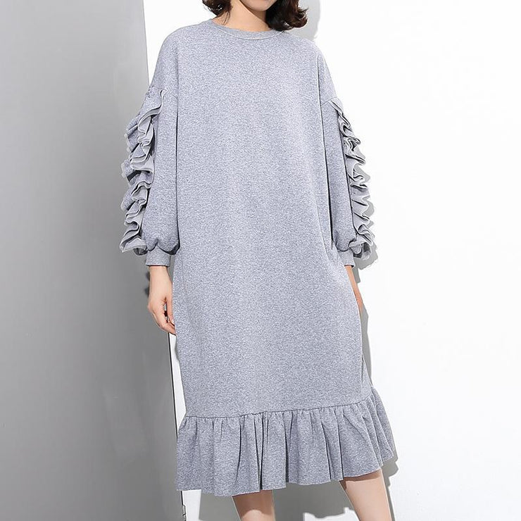 vintage gray cotton maxi dress Loose fitting O neck fall dresses New long sleeve Cinched caftans
