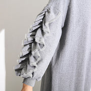 vintage gray cotton maxi dress Loose fitting O neck fall dresses New long sleeve Cinched caftans