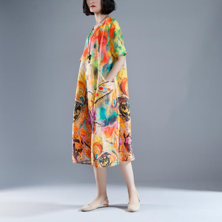 vintage long Ramie dresses oversize Short Sleeve Pockets Summer Printed Long Dress