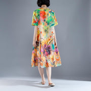 vintage long Ramie dresses oversize Short Sleeve Pockets Summer Printed Long Dress