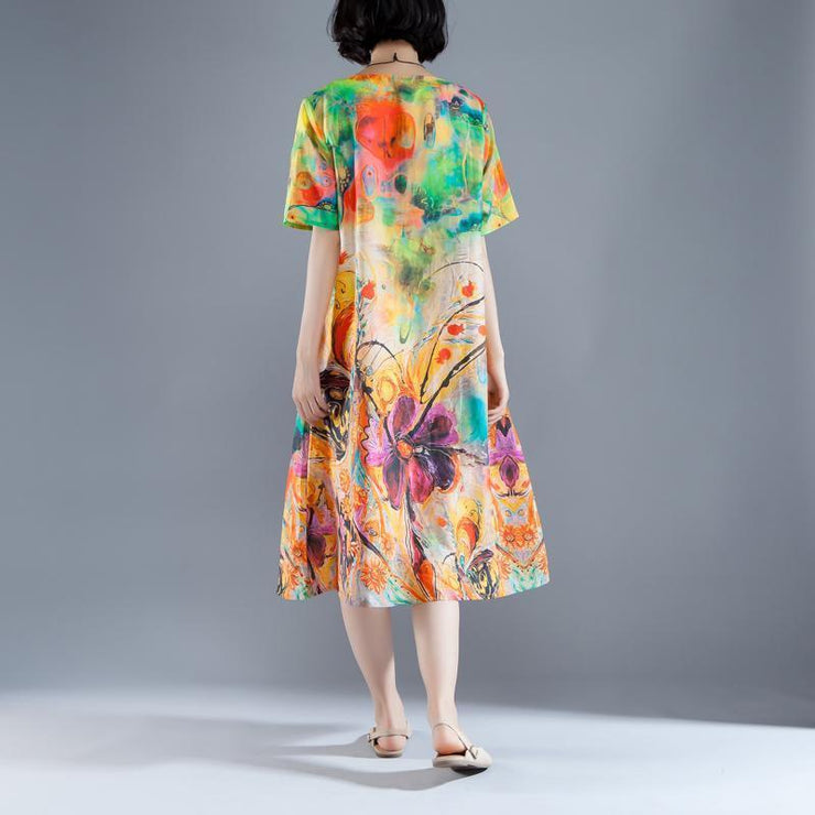 vintage long Ramie dresses oversize Short Sleeve Pockets Summer Printed Long Dress