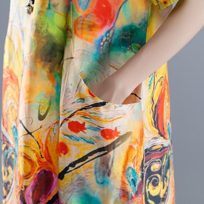 vintage long Ramie dresses oversize Short Sleeve Pockets Summer Printed Long Dress