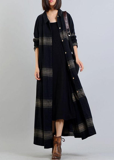 vintage plus size clothing trench coat fall black plaid lapel Button coats - SooLinen