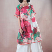 vintage red Midi-length linen t shirt Loose fitting shirts boutique half sleeve print O neck Chinese Button linen blouses