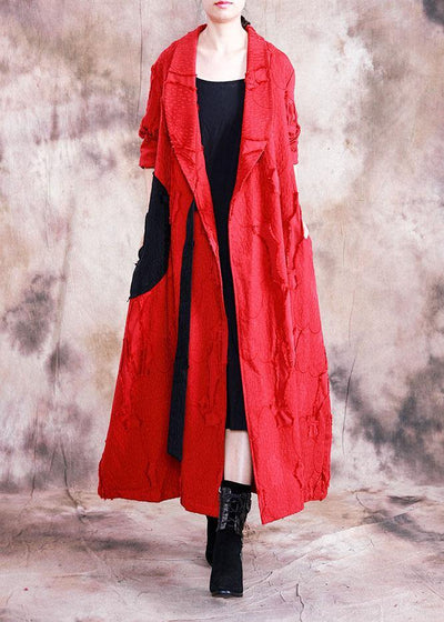 vintage trendy plus size long fall red turn-down collar tie waist coat - SooLinen
