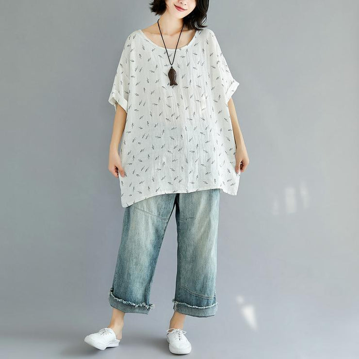 vintage white pure cotton tops plus size clothing casual New floral O neck short sleeve cotton shirts