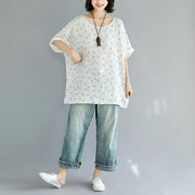 vintage white pure cotton tops plus size clothing casual New floral O neck short sleeve cotton shirts