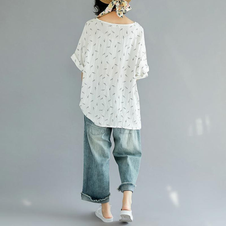 vintage white pure cotton tops plus size clothing casual New floral O neck short sleeve cotton shirts