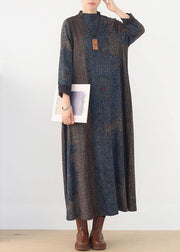winter blue prints retro loose large size dress - SooLinen