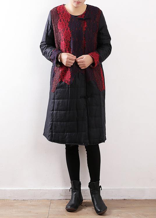 winter new original design women art disc buckle linen stitching lace thick padded jacket cotton coat robe - SooLinen
