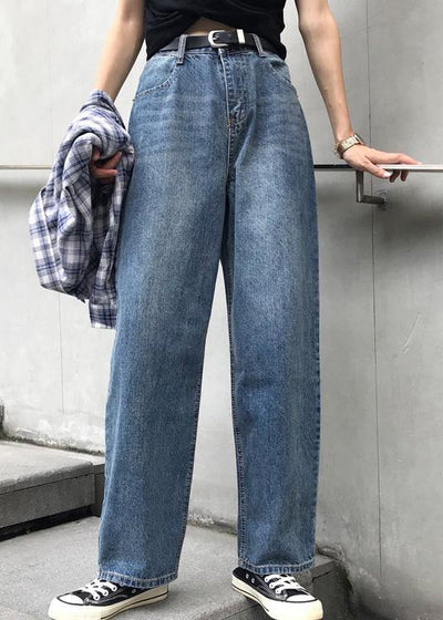 winter vintage denim blue pants high waist wide leg trousers - SooLinen