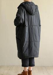 women Loose fitting down jacket big pockets winter coats black hooded winter parkas - SooLinen